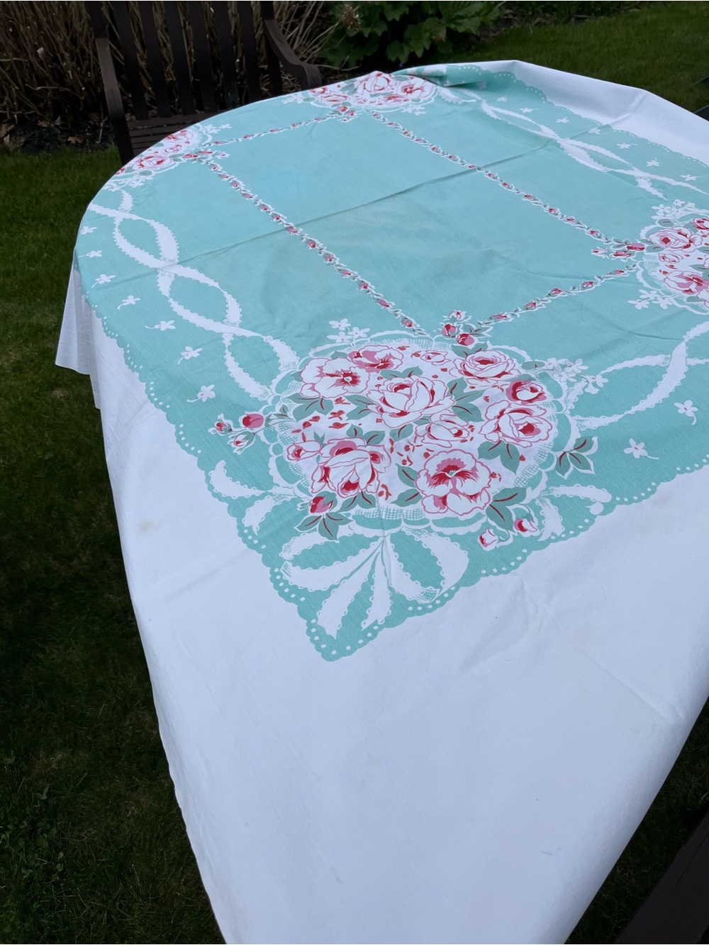Vintage Cotton Aqua Floral Tablecloth and Napkins Set.